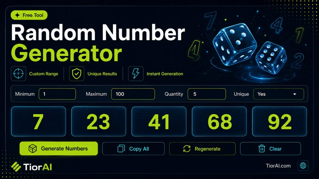 Random Number Generator free online tool by TiorAI. Draw random whole numbers from a range, with or without repeats