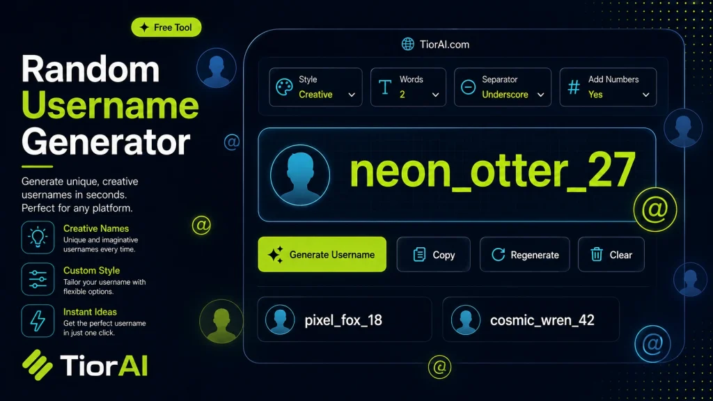 Random Username Generator free online tool by TiorAI - interface preview