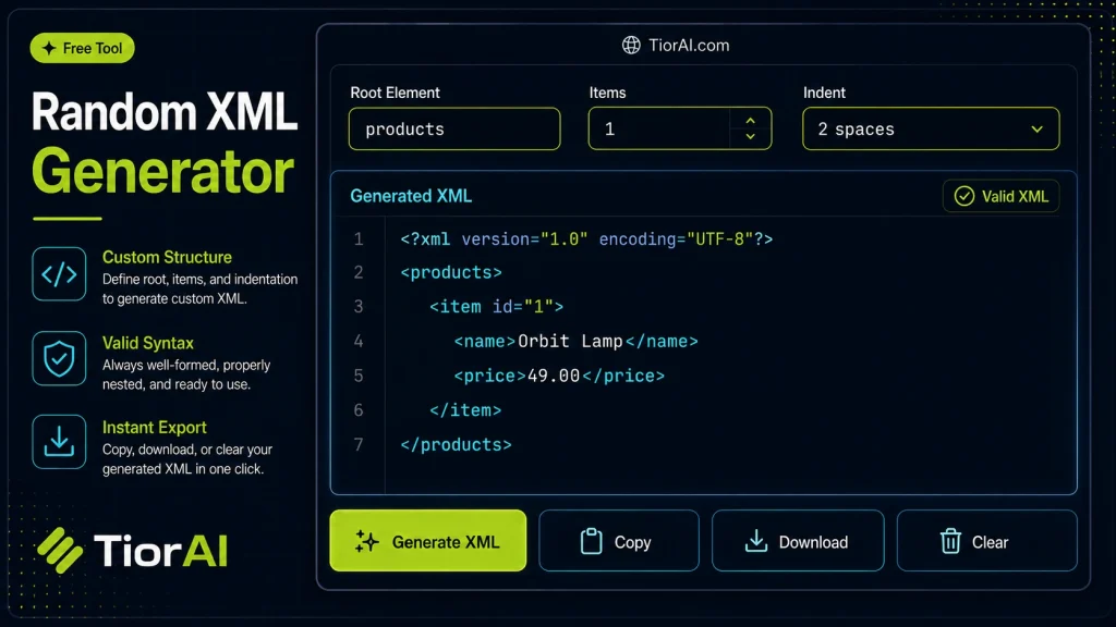 Random XML Generator free online tool by TiorAI - interface preview