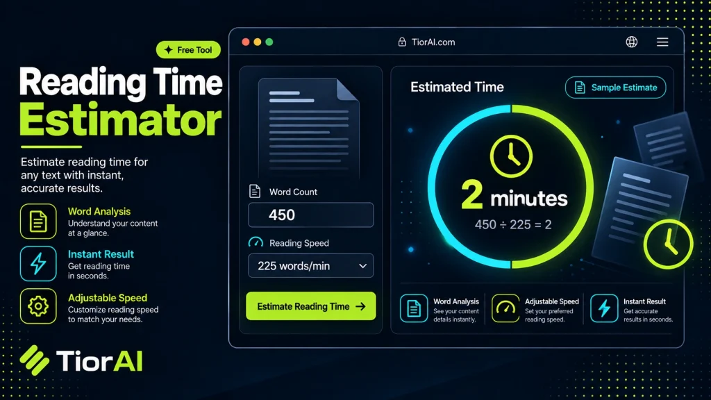 Reading Time Estimator free online tool by TiorAI. Estimate reading time from word count and selected reading speed