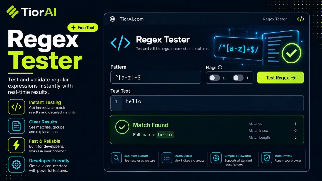 Regex Tester free online tool by TiorAI. Test regular expressions with live match highlighting and group capture