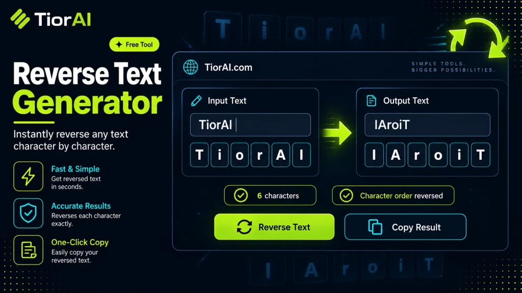 Reverse Text Generator free online tool by TiorAI. Reverse characters, words, or lines with a mode selector