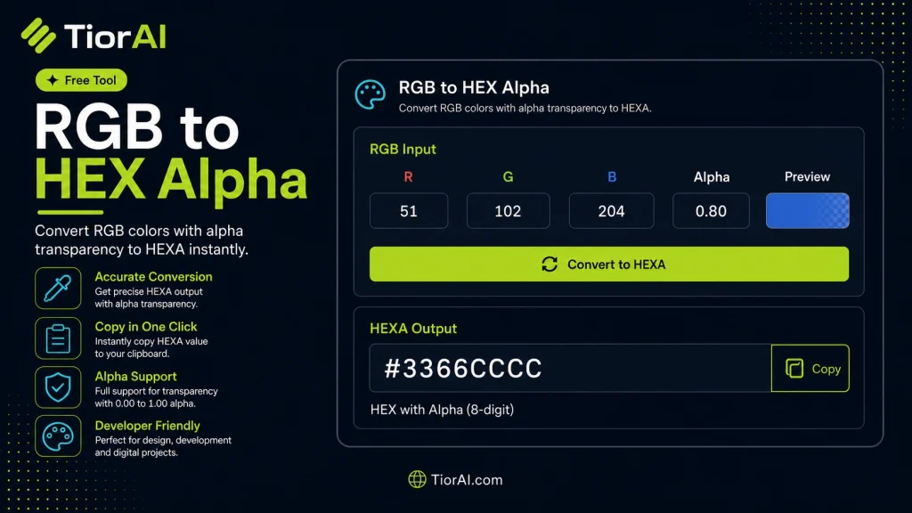 RGB to HEX Alpha free online tool by TiorAI - interface preview