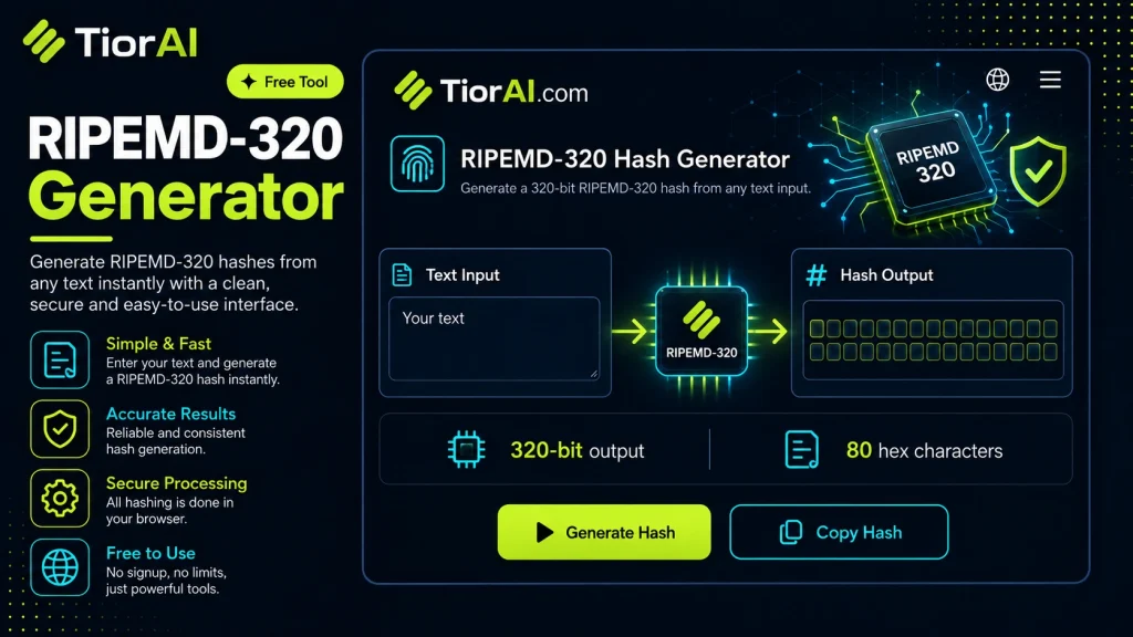RIPEMD-320 Generator free online tool by TiorAI. Generate RIPEMD-320 hash from text input