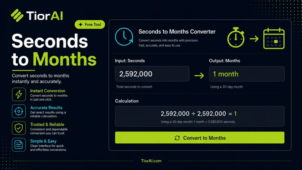Seconds to Months Converter free online tool by TiorAI. Convert seconds to months and months to seconds instantly