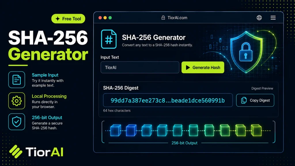 SHA-256 Generator free online tool by TiorAI - interface preview