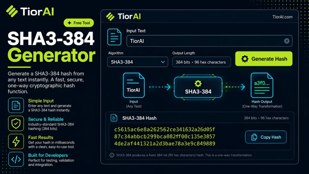 SHA3-384 Generator free online tool by TiorAI. Generate SHA3-384 hash from text input using WebAssembly acceleration