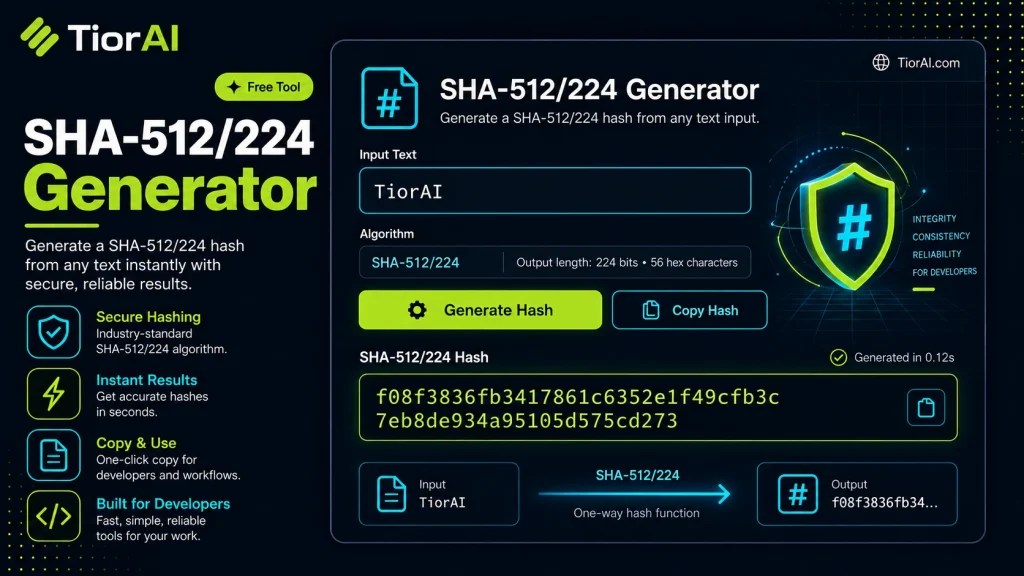 SHA-512/224 Generator free online tool by TiorAI. Generate SHA-512/224 hash from text input using WebAssembly acceleration