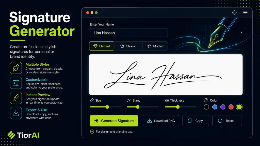 Signature Generator free online tool by TiorAI - interface preview