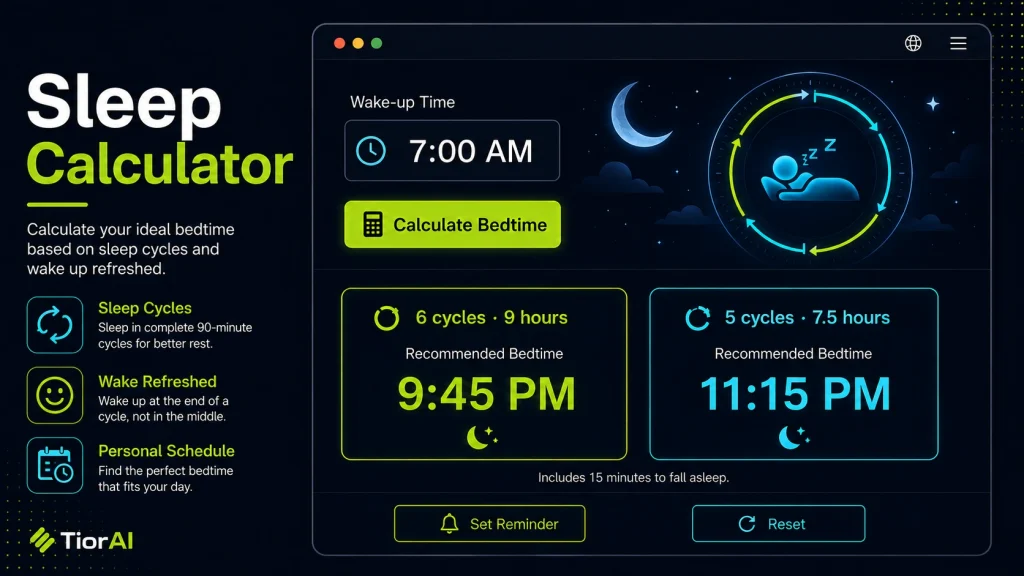 Sleep Calculator free online tool by TiorAI. Calculate optimal wake-up or bedtimes based on 90-minute sleep cycles