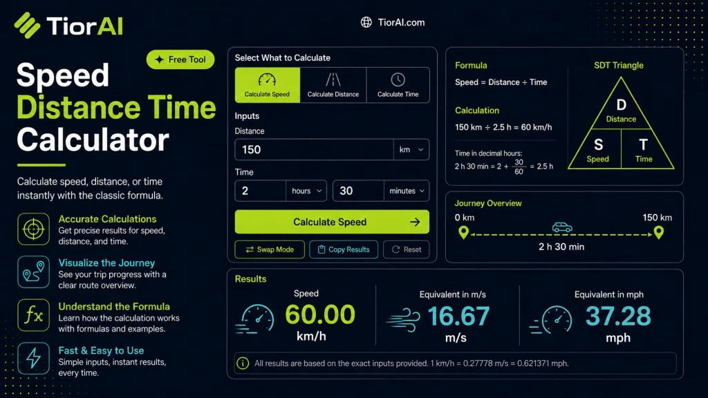 Speed Distance Time Calculator free online tool by TiorAI - interface preview