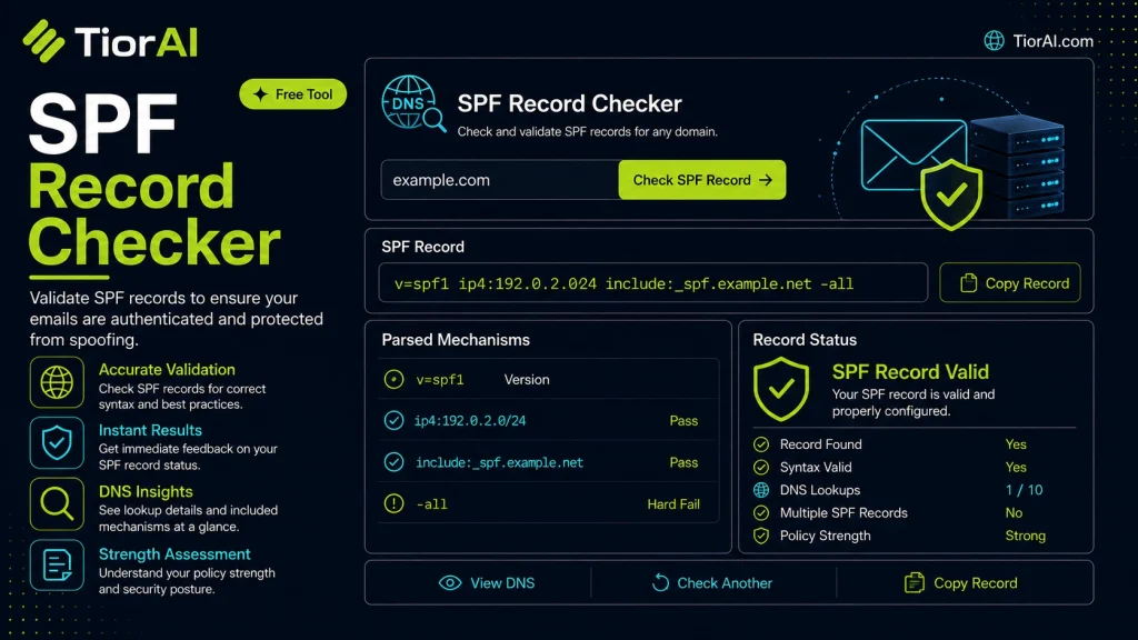 SPF Record Checker free online tool by TiorAI - interface preview