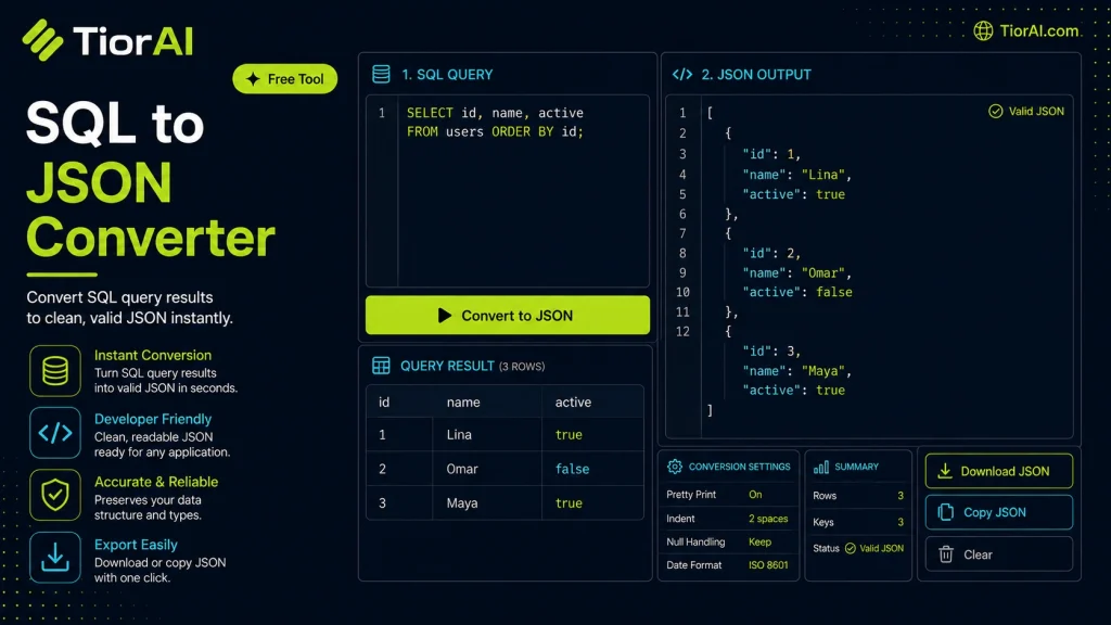 SQL to JSON Converter free online tool by TiorAI - interface preview