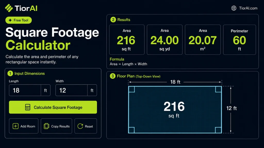 Square Footage Calculator free online tool by TiorAI - interface preview