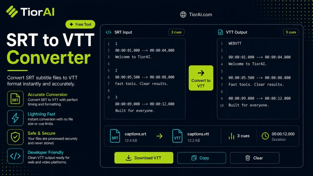 SRT to VTT Converter free online tool by TiorAI - interface preview