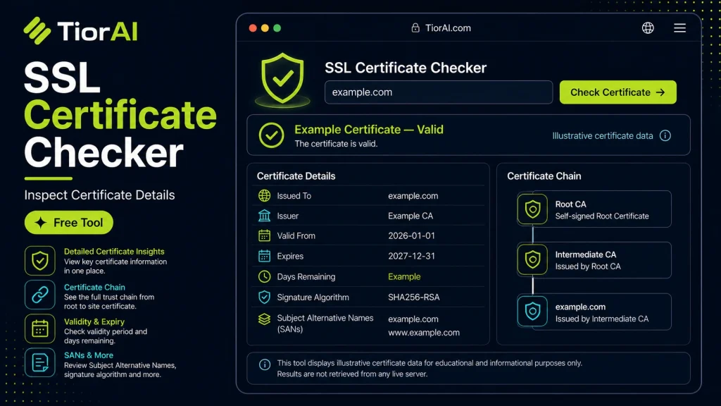 SSL Certificate Checker free online tool by TiorAI. Check SSL certificate details for any website
