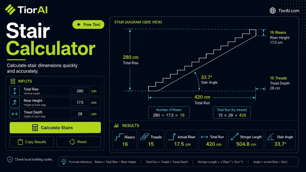 Stair Calculator free online tool by TiorAI - interface preview
