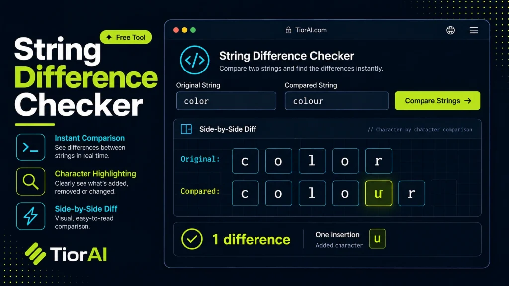 String Difference Checker free online tool by TiorAI - interface preview
