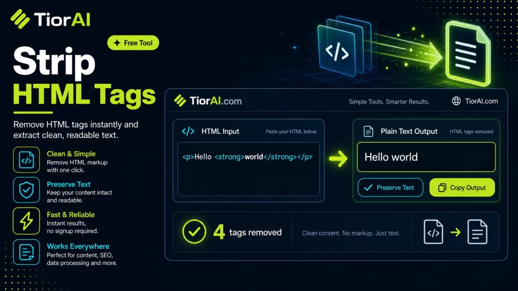 Strip HTML Tags free online tool by TiorAI - interface preview