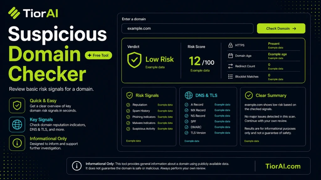 Suspicious Domain Checker free online tool by TiorAI - interface preview