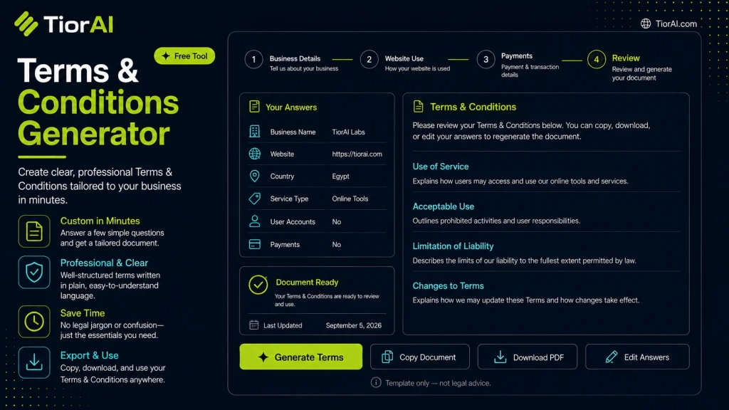 Terms & Conditions Generator free online tool by TiorAI. Generate a terms and conditions document for your website or app