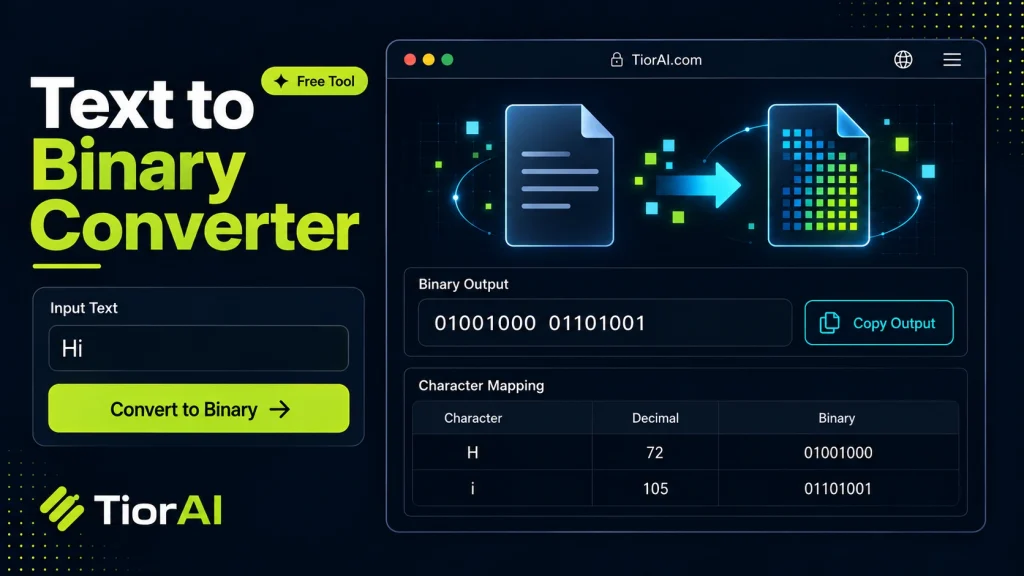 Text To Binary Converter free online tool by TiorAI. Convert each character to its 8-bit binary representation