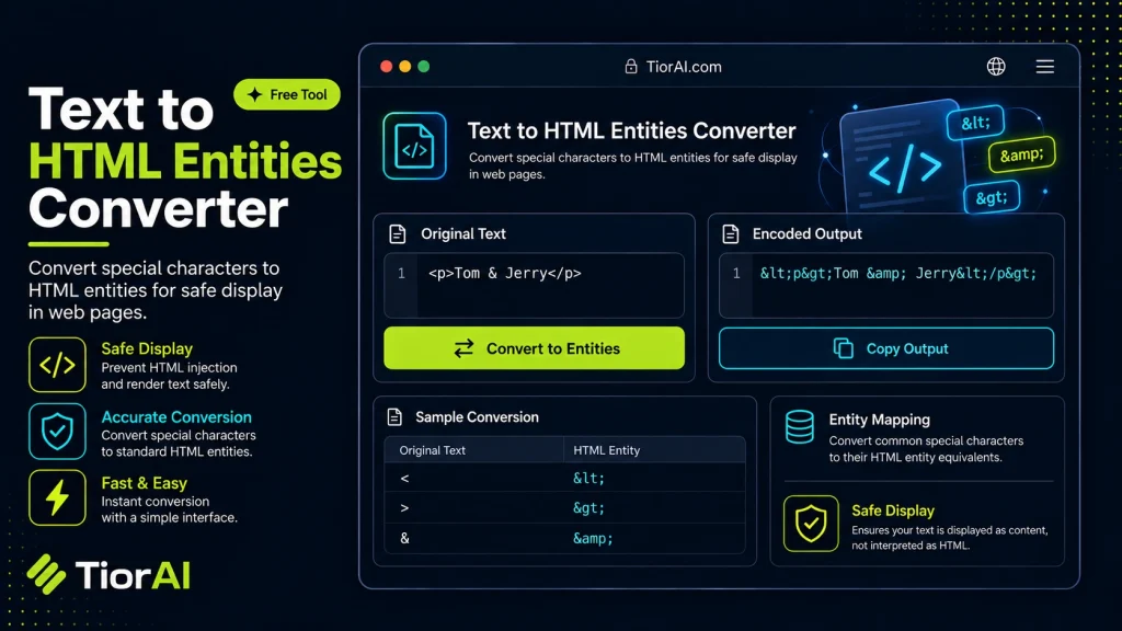 Text To HTML Entities Converter free online tool by TiorAI - interface preview