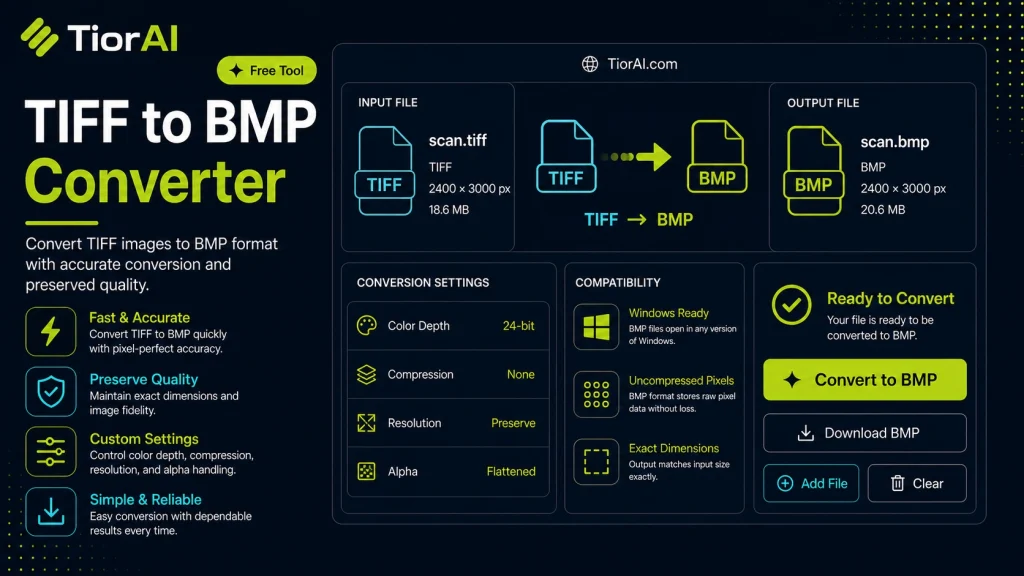TIFF to BMP Converter free online tool by TiorAI. Convert TIFF images to BMP format