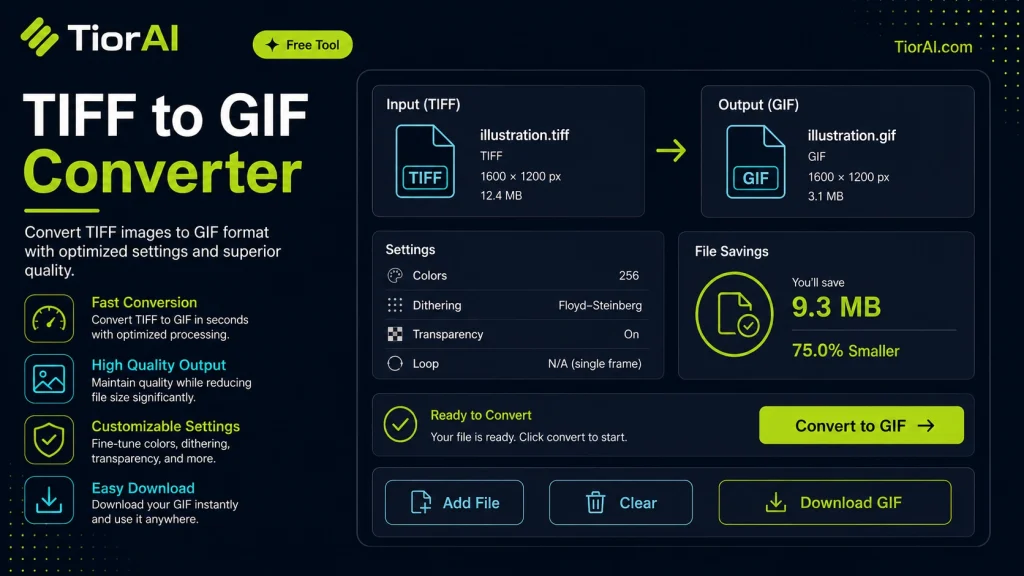 TIFF to GIF Converter free online tool by TiorAI. Convert TIFF images to GIF format