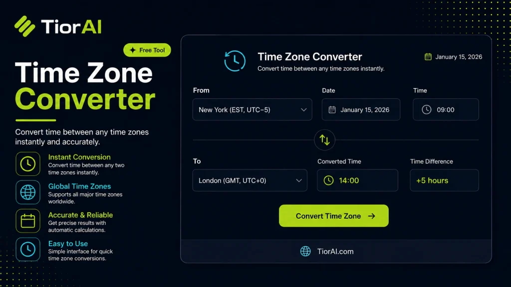 Time Zone Converter free online tool by TiorAI - interface preview