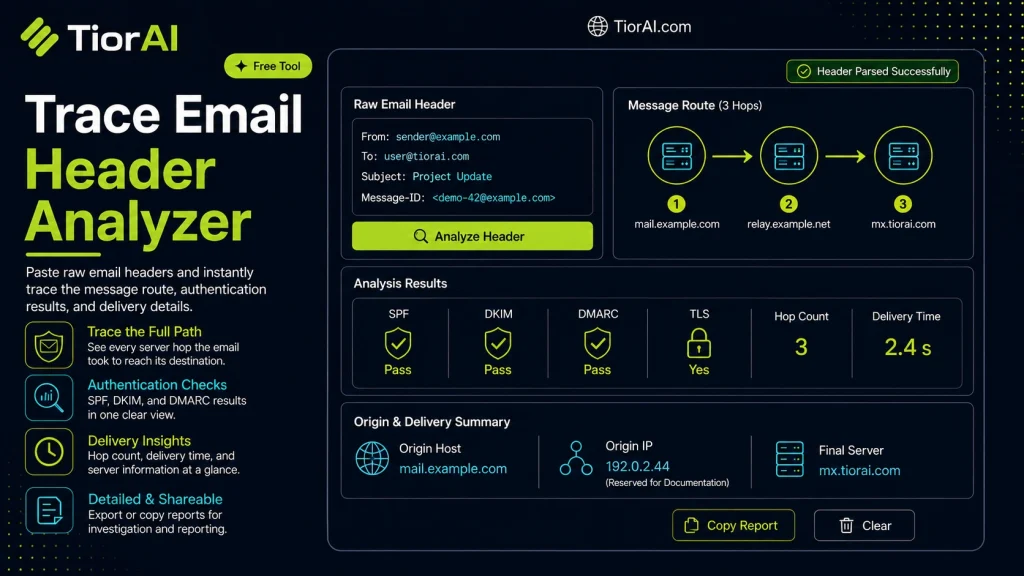 Trace Email Header Analyzer free online tool by TiorAI - interface preview