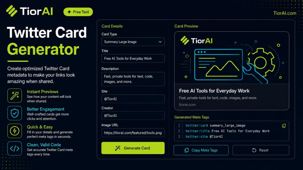 Twitter Card Generator free online tool by TiorAI. Generate Twitter/X Card meta tags for social sharing