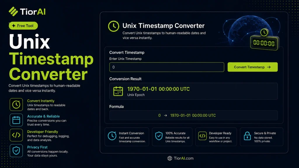 Unix Timestamp Converter free online tool by TiorAI - interface preview