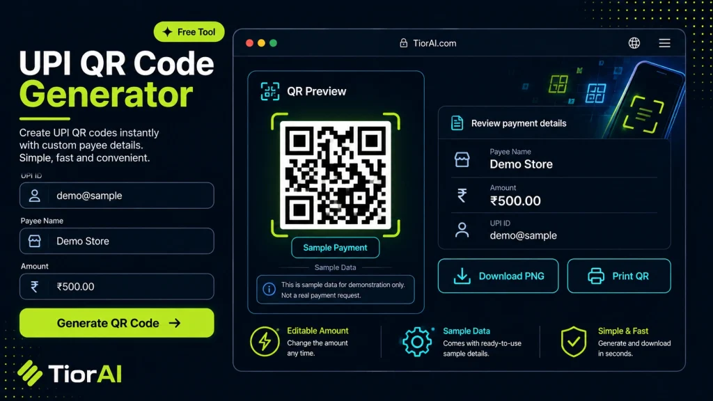 UPI QR Code Generator free online tool by TiorAI. Generate a UPI payment QR code from a UPI ID and amount