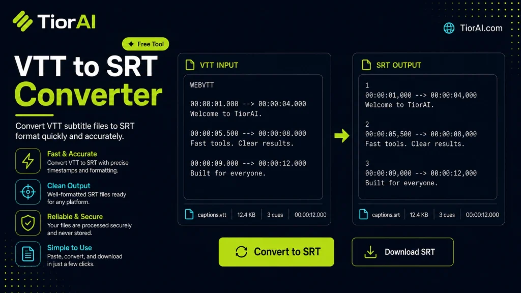 VTT to SRT Converter free online tool by TiorAI - interface preview