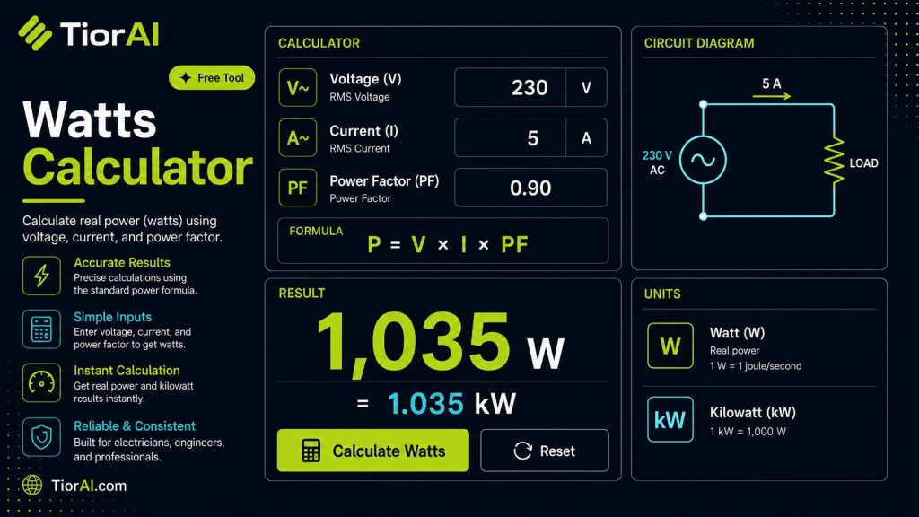 Watts Calculator free online tool by TiorAI - interface preview