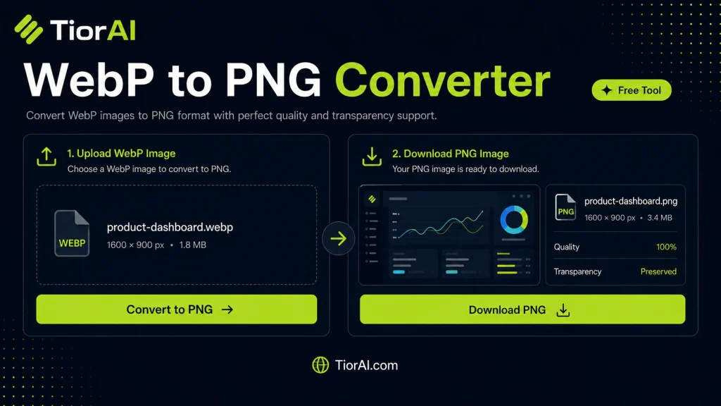 WEBP to PNG Converter free online tool by TiorAI. Convert WEBP images to PNG format