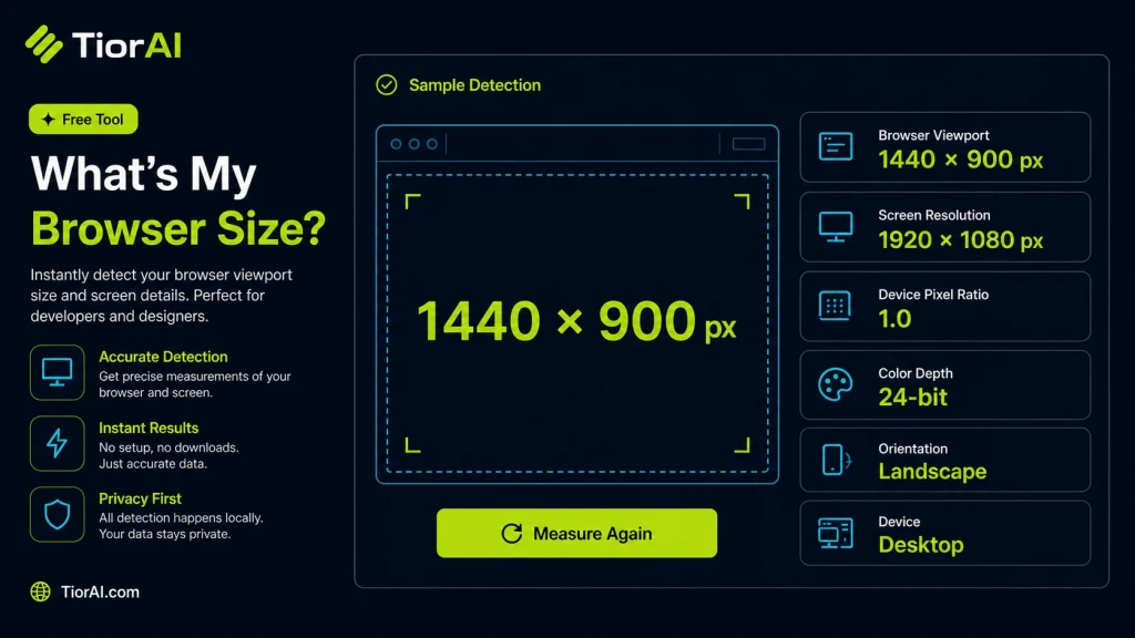 What's My Browser Size free online tool by TiorAI - interface preview