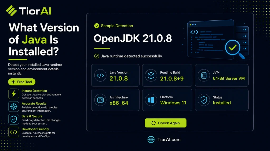 What Version of Java Is Installed? free online tool by TiorAI - interface preview