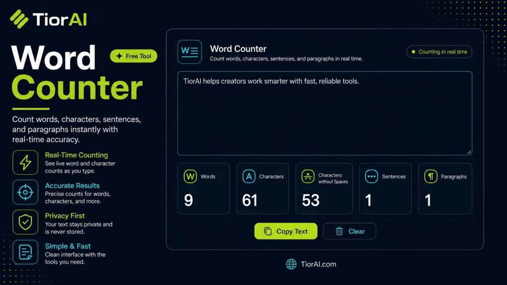 Word Counter free online tool by TiorAI. Count words, characters, sentences, paragraphs, and estimated reading time