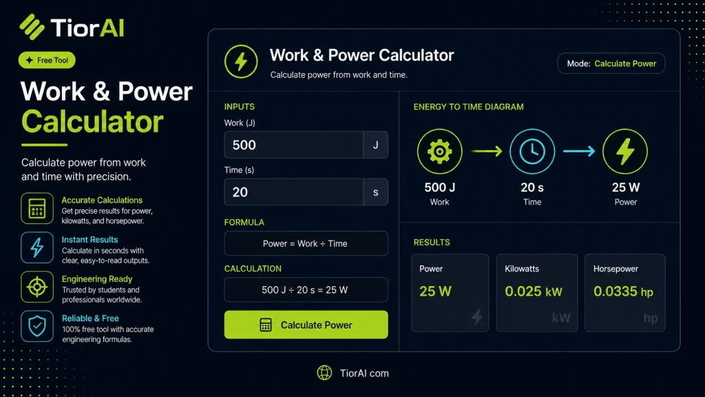 Work and Power Calculator free online tool by TiorAI - interface preview