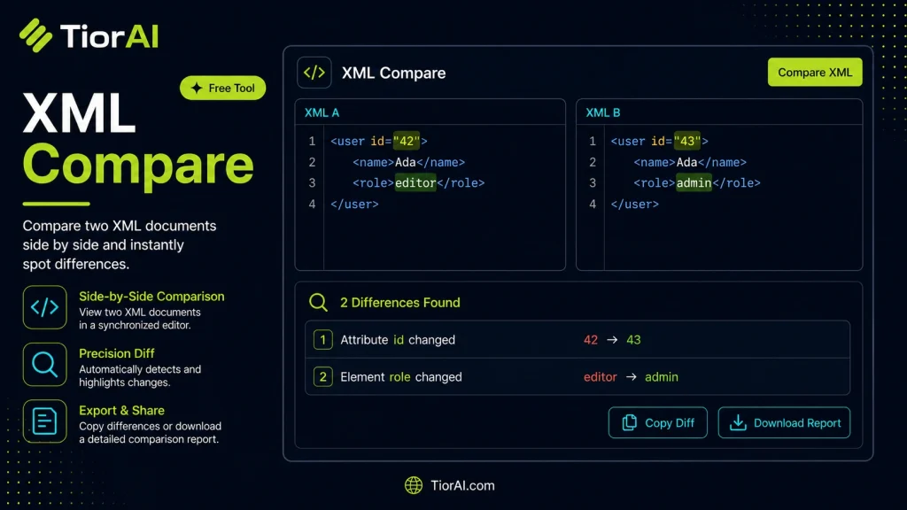 XML Compare free online tool by TiorAI - interface preview