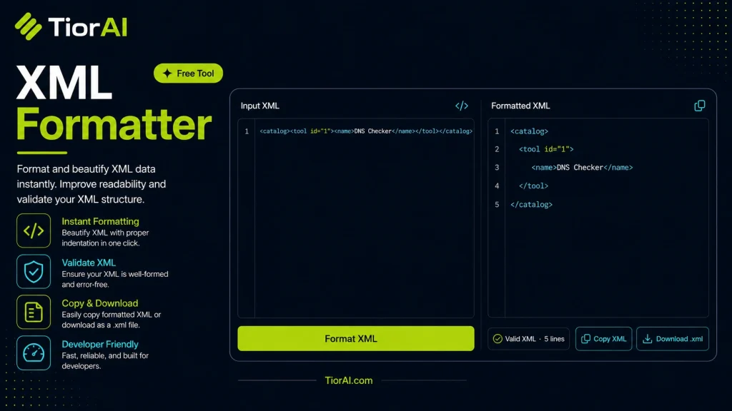 XML Formatter free online tool by TiorAI - interface preview