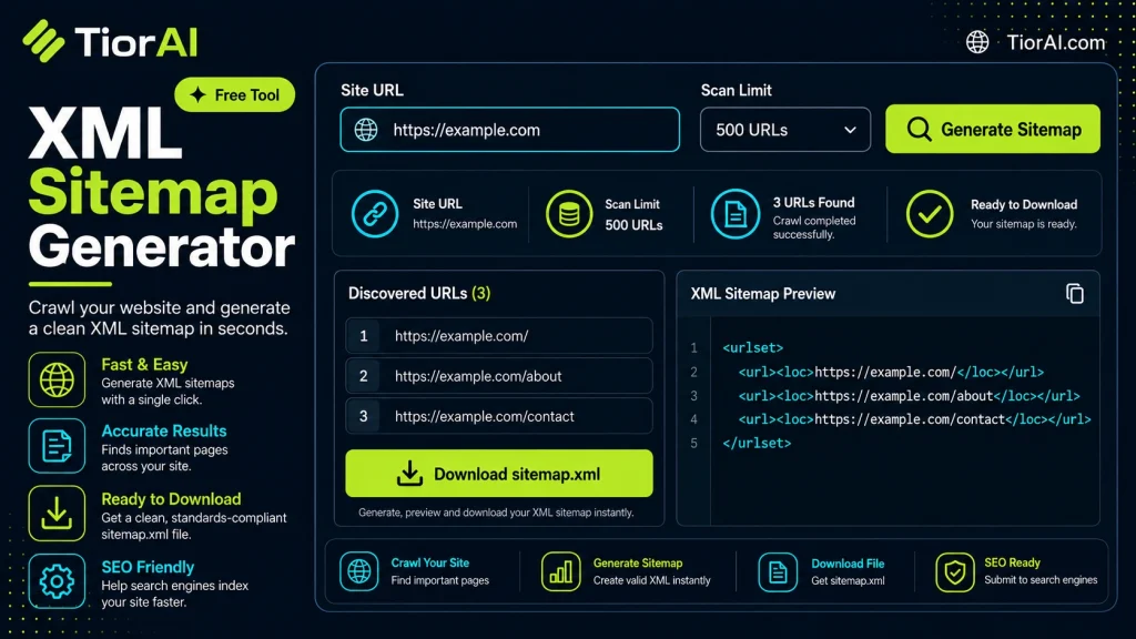 XML Sitemap Generator free online tool by TiorAI - interface preview