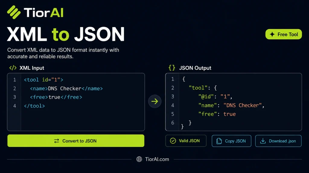 XML to JSON free online tool by TiorAI - interface preview