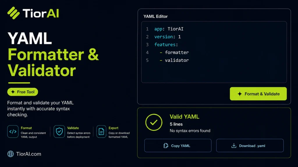 YAML Formatter / Validator free online tool by TiorAI - interface preview