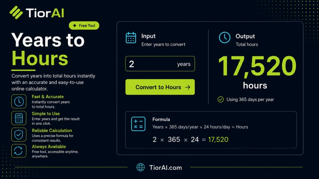Years to Hours Converter free online tool by TiorAI. Convert years to hours and hours to years instantly