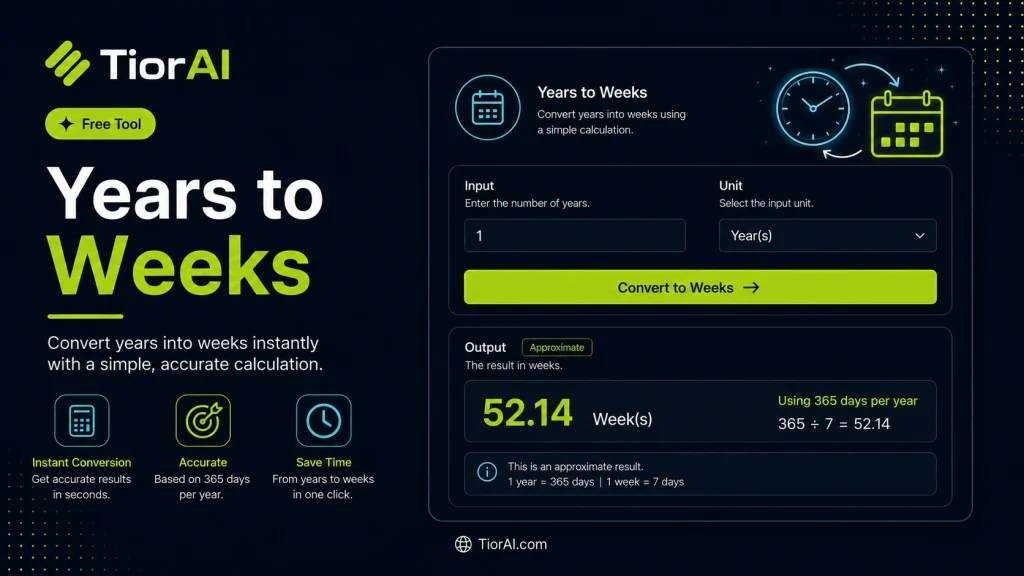 Years to Weeks Converter free online tool by TiorAI. Convert years to weeks and weeks to years instantly