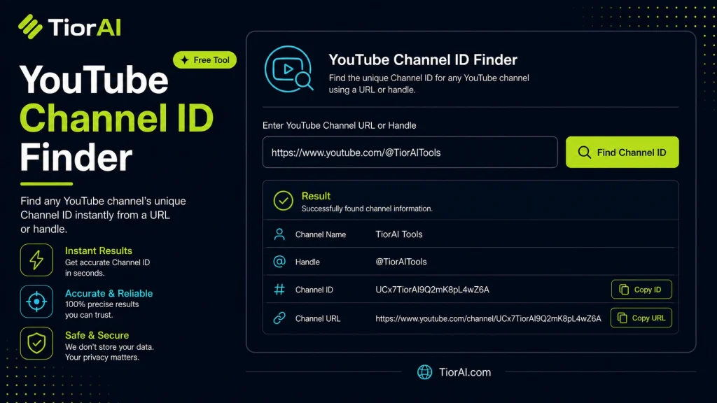 YouTube Channel ID Finder free online tool by TiorAI - interface preview