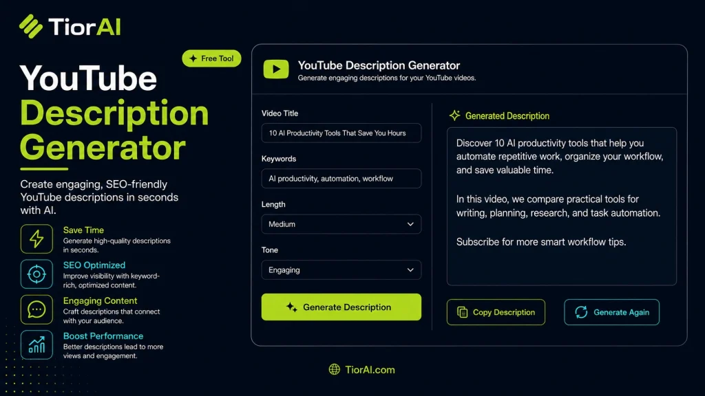 YouTube Description Generator free online tool by TiorAI - interface preview